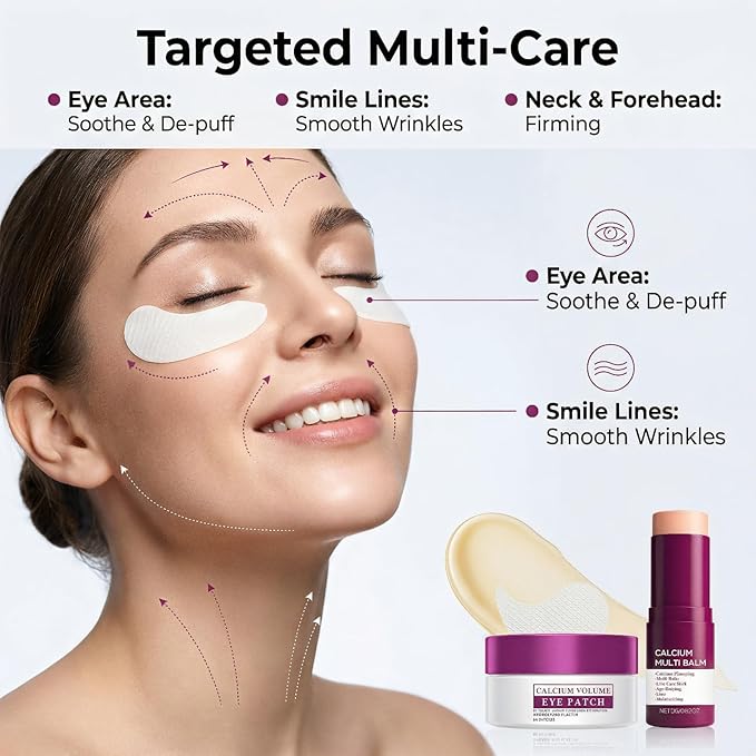 Eye Care Duo – Calcium Multi Balm Stick + Hydrogel Under Eye Patches (60ea, 30 Pairs), Collagen Moisturizing & Hydrating Treatment for Eyes, Neck & Wrinkles, Travel-Friendly Skincare Set