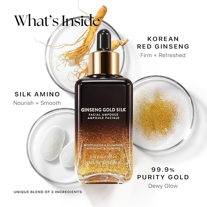 Nature Republic Ginseng Gold Silk Facial Ampoule, Hydrating Glow moisturizer for face, Niacinamide & Silk Amino Acid, Royal Jelly Extract, Korean Skin Care for All Skin Types 100 ml / 3.38 Fl. oz