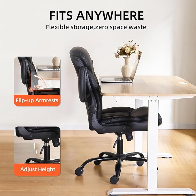 Home Office Ergonomic Desk Chair - Comfy Leather Executive Chair with Flip-Up Armrests, Lumbar Support, 360° Swivel & Rocking(Black)