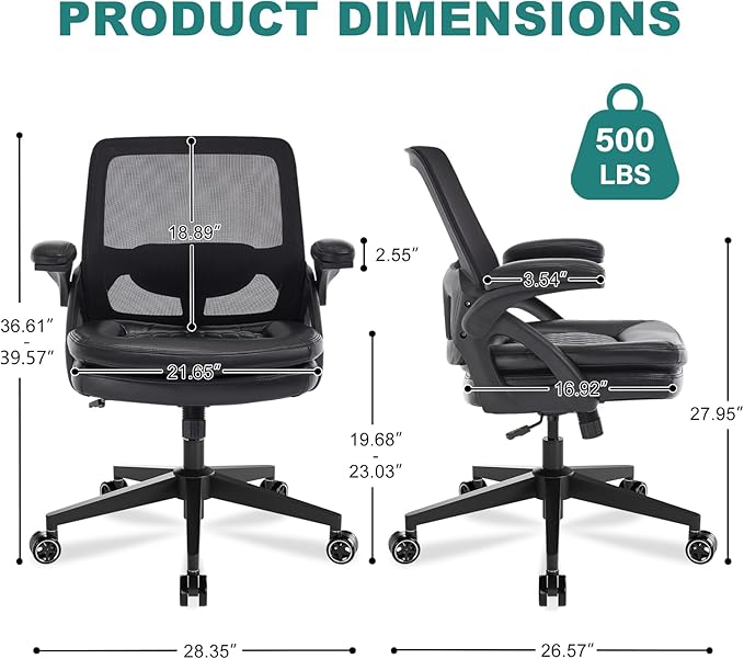 Big and Tall Office Chair, 500lbs Mesh Heavy Duty Ergonomic Desk Chair with Flip-up Armrests, Plus Size Wide Seat in PU Leather, 360 Swivel Computer Executive Task Chair for Home Office (Black)