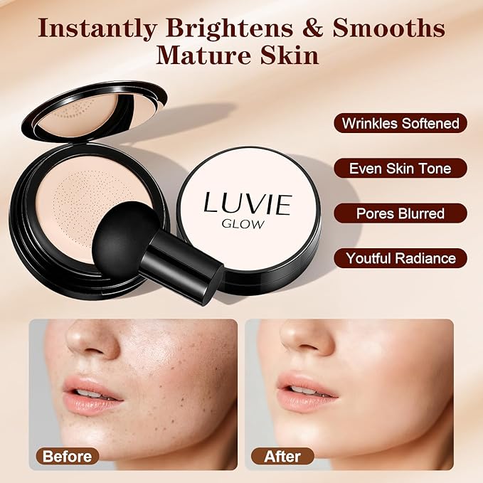 Cushion Foundation/Mushroom Head Air Cushion BB Cream/Long Lasting Hydrating Light Coverage for All Skin Types, Natural Color/Luvie (Lvory)