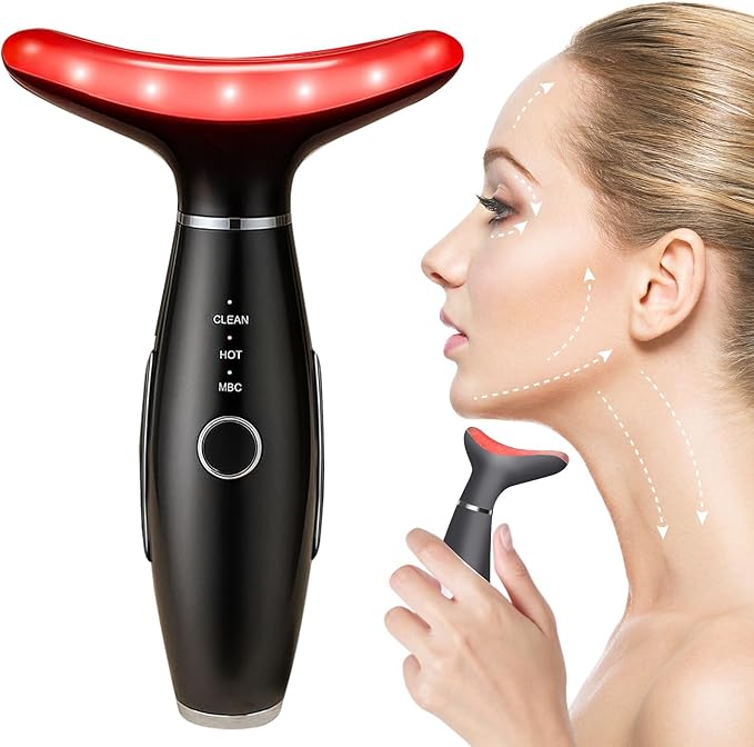 Face Massager -7 Color Red-Light-Therapy for Face and Neck for Wrinkles, Double Chin, Vibrating Facial Massager with Thermals (Black)