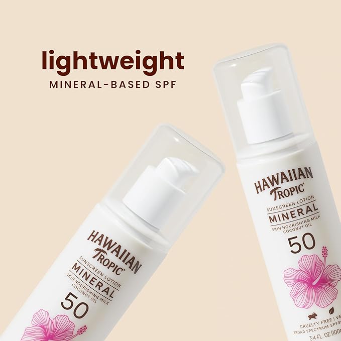 Hawaiian Tropic Skin Nourishing Milk Mineral Sunscreen Lotion SPF 50, 3.4 Fl Oz | Travel Size Sunscreen Zinc Oxide, Sun Milk, Mineral Sunblock SPF 50, Oxybenzone Free, 3.4 Fl Oz