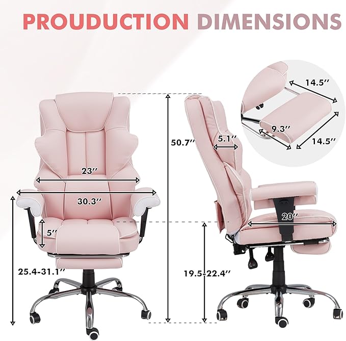 HOMREST 6-Point Massage Executive Chair,Heat Office Chair,Ergonomic Home Office Desk Chairs with Retractable Footrest and Reclining Function,Leather Computer Chair with Adjustable Armrest(‌Pink)