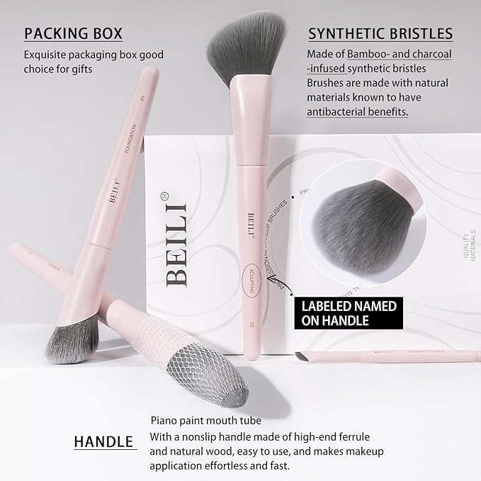 BEILI 12Pcs Pink Makeup Brush Set, Professional Synthetic Brushes for Face & Eye Makeup, Powder, Concealer, Blending, Contour, Eyeliner, Elegant Gift-Ready Set