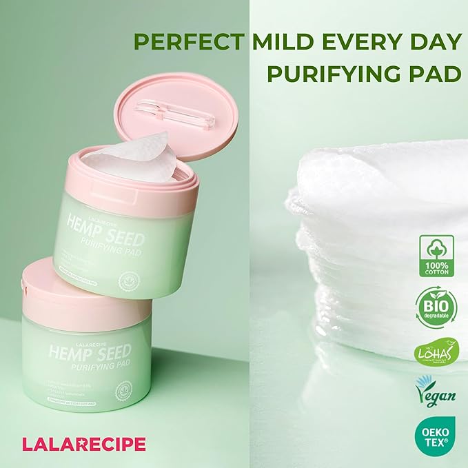 LALARECIPE Hemp Seed Purifying Facial Pads – Korean Toner Pads with 83% Hemp Seed Extract & 5% PHA – Gentle Exfoliating & Hydrating Skincare for Sensitive & Troubled Skin (70 Pcs)