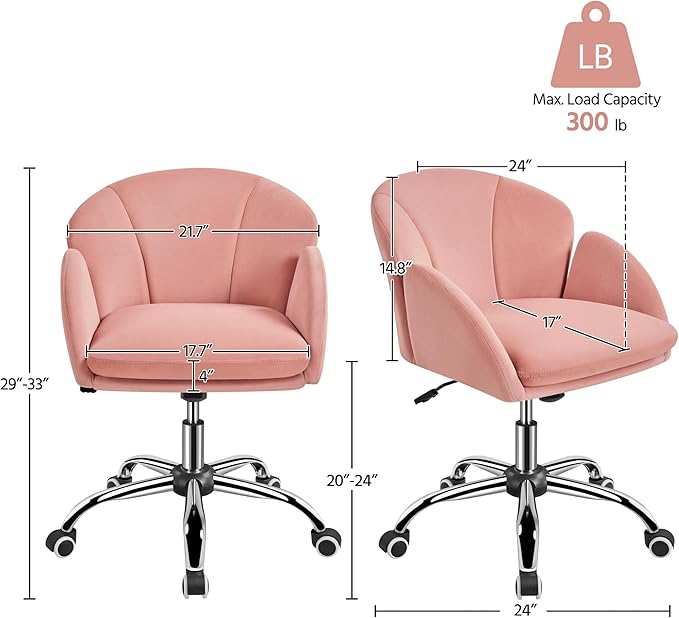 Yaheetech Pink Desk Chair Vanity Chair Comfy Velvet Chair Cute Desk Chair for Home Office Modern Swivel Rolling Chair for Bedroom, Living Room, Makeup Room Women