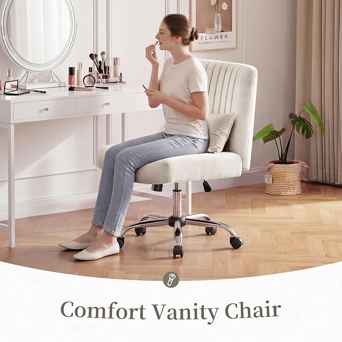 Velvet Office Chair, Luxury Criss Cross Chair with Wheels, Comfy Cross Legged Desk Chair for Home Office, Height Adjustable Vanity Chair, Wide Seat Computer Chair, Gift for Girlfriend, Beige
