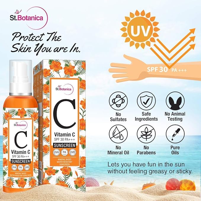StBotanica Vitamin C SPF 30 PA+++ Sunscreen Mineral Based & Water Resistant,120ml - UVA & UVB Protection