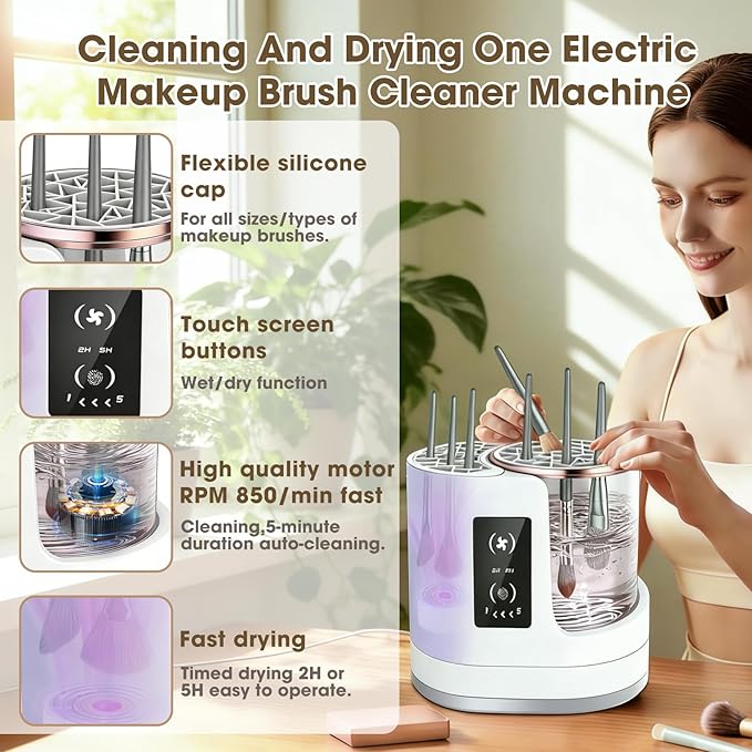 3 IN 1 Electric Makeup Brush Cleaner Machine，Automatic Makeup Brush Cleaner with Cleaning Drying and Storage for All Size Cosmetic Brushes Gifts for Cosmetic Lovers
