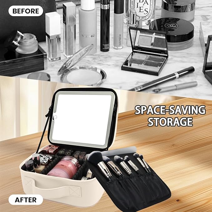 Travel Makeup Bag with LED Mirror and Light Makeup Travel Bag Organizer Portable Cosmetic Brush Organizer Bag with Adjustable Dividers for Cosmetics Makeup Brushes Toiletry (White)