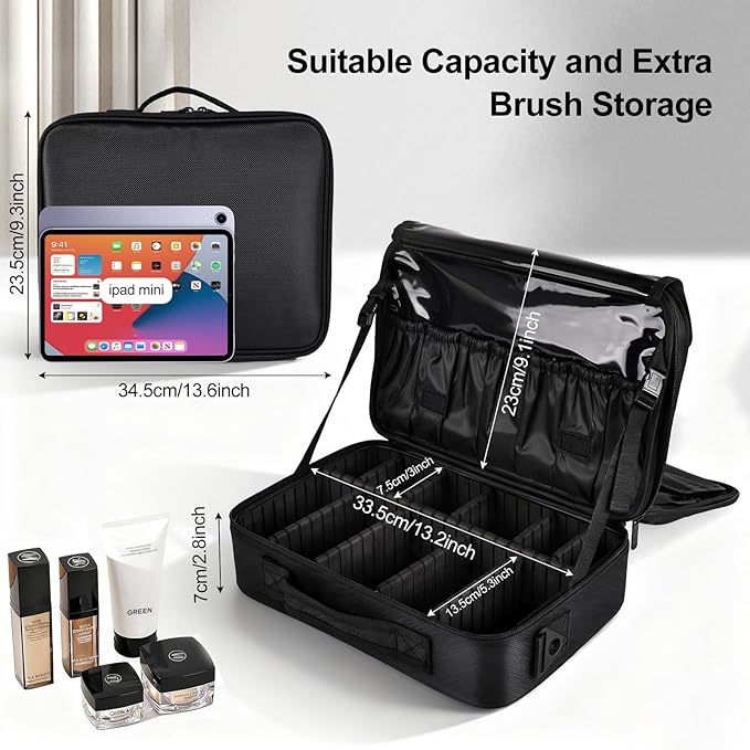 Greenfeather Travel Makeup Bag, Professional Cosmetic Train Case Organizer, Portable Travel Cosmetic Brush Bag Holder Makeup Artist Storage Box with Adjustable Dividers and Shoulder Strap, Black