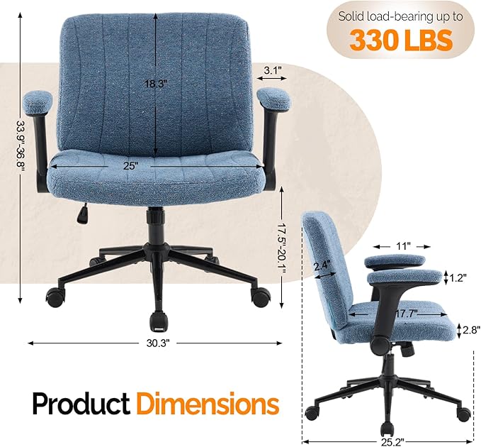 VINGLI Criss Cross Chair with Adjustable Flip-Up Arms,Cross Legged Chair with Wheels,Extra Wide Office Chair,Desk Chair for Home Office,Vanity,Bedroom, Apartment,Starry Chenille,Navy Blue