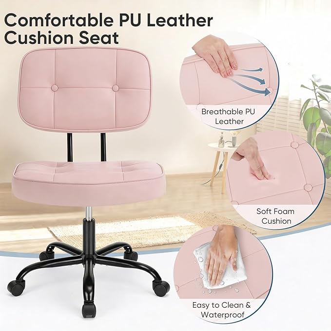 DUMOS Home Office Desk Chair - Ergonomic Armless PU Leather Computer Rolling Task Chair，with Comfy Lumbar Support and Height Adjustable, Vanity, Bedroom, Pink