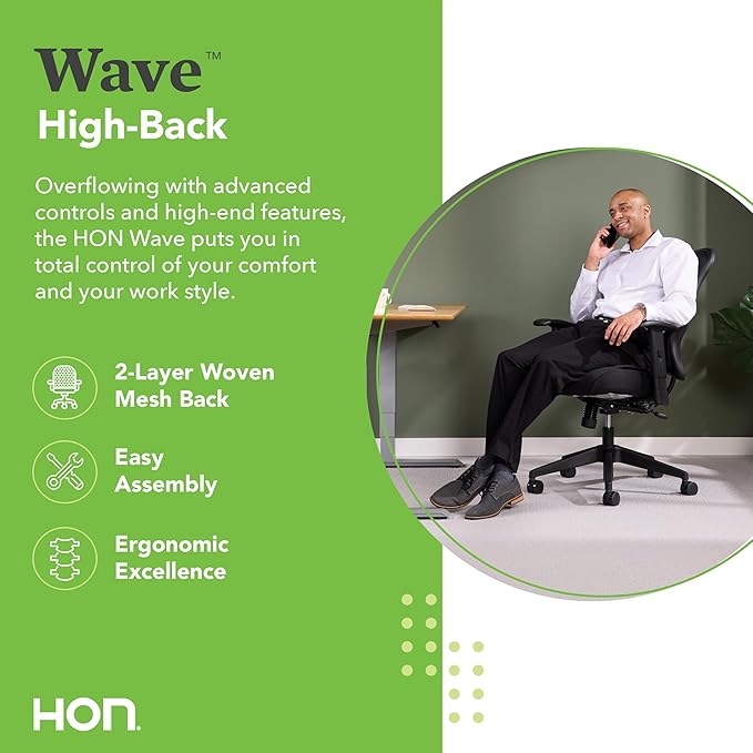 HON Wave High Back Ergonomic Office Chair with Adjustable Arms, High Back Ergonomic Desk Chair with Adjustable Arms, Breathable Mesh for Computer, 360° Swivel, Synchro-Tilt, Black