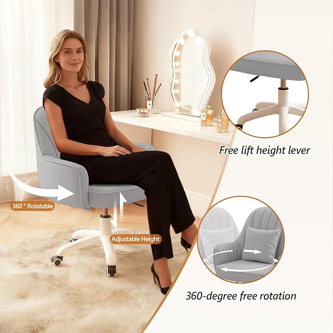Home Office Chair Velvet Vanity Chairs Makeup Desk Chair with Wheels Mid Back Computer Chairs Height Adjustable Swivel Rolling Task Chair for Living Room, Bedroom, Office