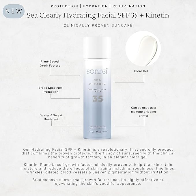 Sonrei Sea Clearly Hydrating Facial SPF 35 + Anti-aging Growth Factor Clear Sunscreen Gel & Primer | Broad Spectrum UV Protection | Water Resistant, Vegan, and Reef Safe | Non-greasy (3-Pack)