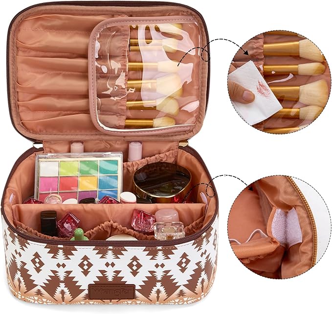 Montana West X Wrangler Travel Makeup Bag 2pcs Set Large Cosmetic Bag with Makeup Brush Holder Portable Make Up Organizer Cute Toiletry Bag with Divider and Handle for Women Aztec