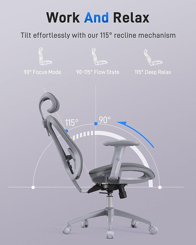 Ergonomic Office Desk Chair, Comfortable Computer Gaming Chair, Breathable Mesh Back & Seat, Adjustable Armrest & Headrest, Lumbar Support, Butterfly Design for Home Office, Gray