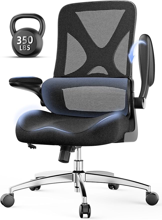 Ergonomic Office Chair Mid Back with Integrated Lumbar Support, Adjustable Height, Thick Memory Foam Seat, Rocking Function, 90° Flip-up Armrests – Comfortable Desk Chair for Home Office