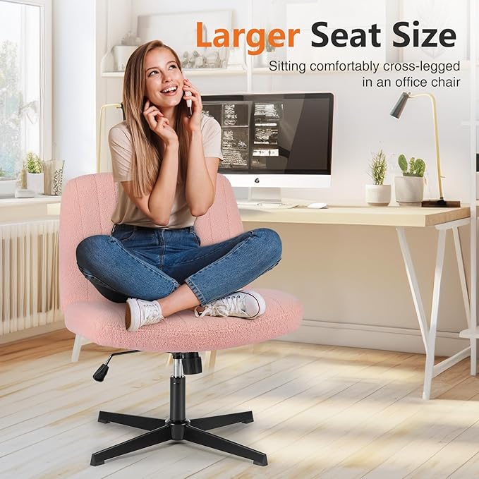 Sweetcrispy Criss Cross Chair Legged, Armless Office Swivel Desk Chair No Wheels, Vanity Height Adjustable Wide Seat Comfy Cute Computer Task Seating for Home Bedroom