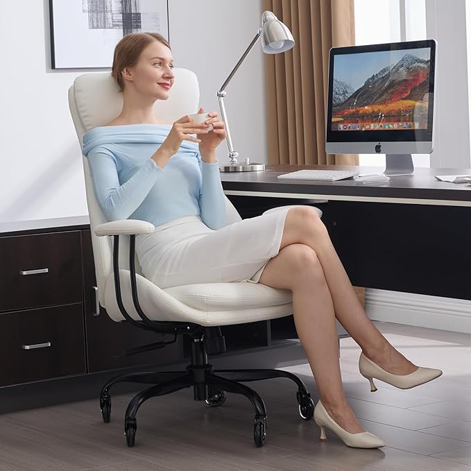 Office Chair, Leather Desk Chair with Rubber Wheels, Ergonomic Computer Chair 500 LBS with Lumbar Support, High Back Executive Chair for Modern Home Office, White