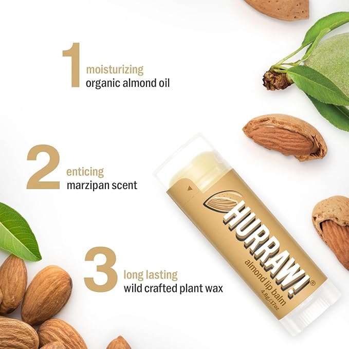 Hurraw! Almond Lip Balm: Organic, Certified Vegan, Cruelty and Gluten Free. Non-GMO, 100% Natural Ingredients. Bee, Shea, Soy and Palm Free. Made in USA