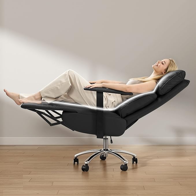 Reclining Office Chair with Adjustable Headrest and Footrest, 170° Ergonomic Comfortable Office Chair Zero Gravity, Leather Executive Home Office Desk Chair (Black)