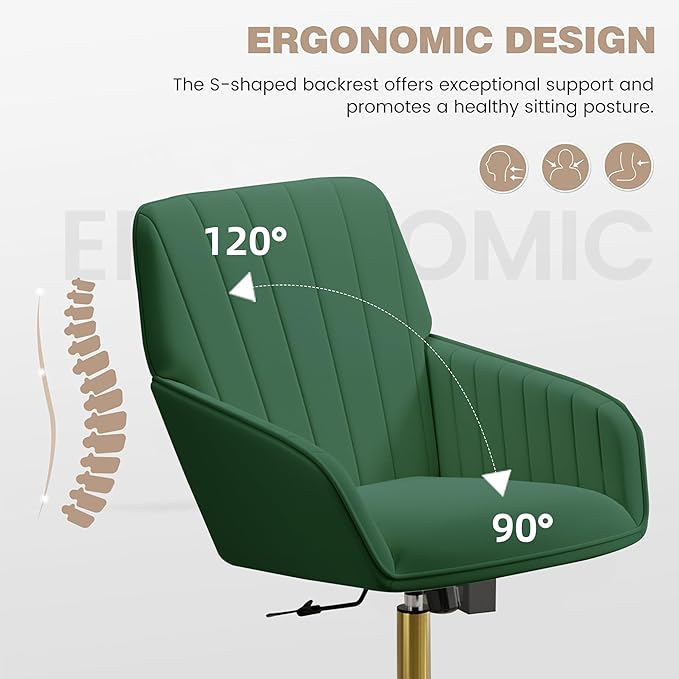 YISHENG Velvet Office Desk Chair with Gold Base, with Wheels,Modern Height Adjustable 360 Degree Swivel Upholstered Vanity Chairs with Arms for Living Room Bedroom,Green