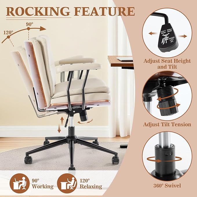 Home Office Desk Chair with Armrests & Wheels, Modern Walnut Swivel Rolling Executive Task Chair, PU Leather Vanity Chair with Lumbar Support, Height Adjustable Ergonomic Computer Chair (Beige)