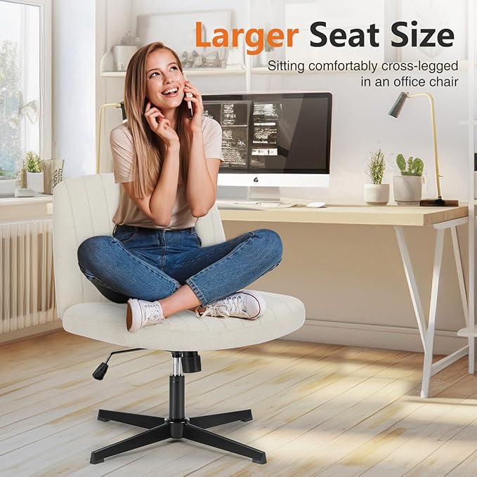 Sweetcrispy Criss Cross Chair Legged, Armless Office Swivel Desk Chair No Wheels, Vanity Height Adjustable Wide Seat Comfy Cute Computer Task Seating for Home Bedroom