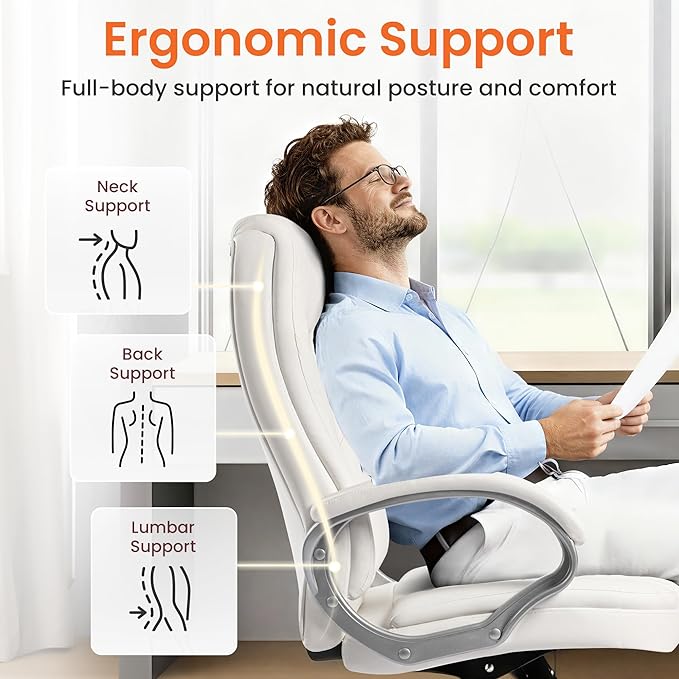 NEO Chair Office Desk Ergonomic Gaming Chair High Back Adjustable Computer Chair with Wheels and Lumbar Support Comfy Leather Executive Swivel (White)