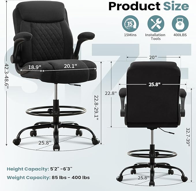 Drafting Chair for Standing Desk – Tall Office Chair with Adjustable Height & Foot Ring, Flip-Up Arms, Lumbar Support – Comfortable Fabric Seat, Ideal Home Desk Chair