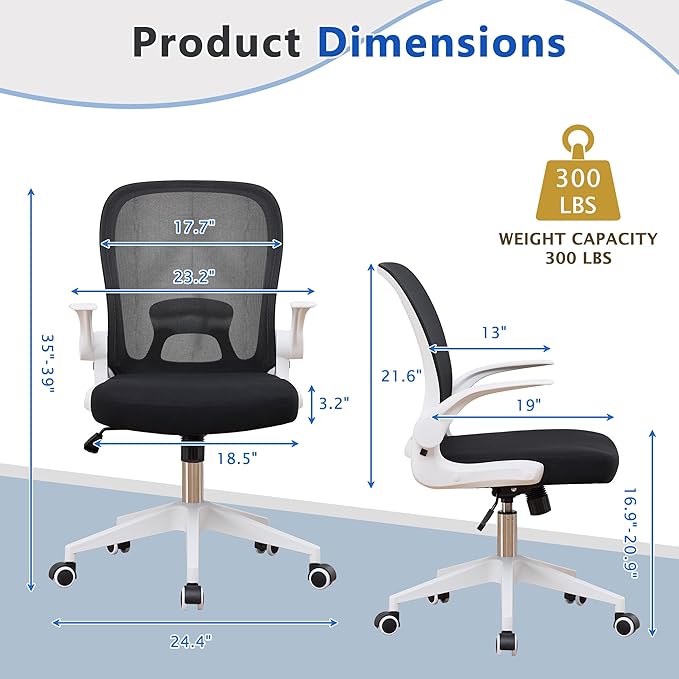 IPKIG Foldable Office Chair for Small Spaces | Home Office Folding Desk Chairs with Wheels and Flip Up Arms | Ergonomic Mesh Computer Chair for Adults & Kids (2PCS White)