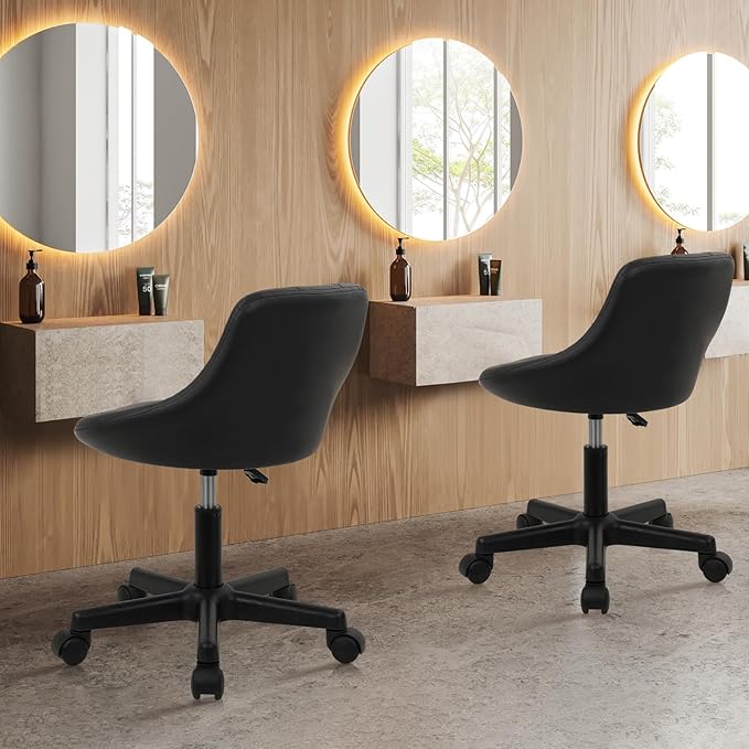 Low Back Rolling Stool PU Leather Vanity Stools, Adjustable Height Ergonomic Swivel Rolling Desk Stool Work Drafting Swivel Chair, Makeup Shop Salon Spa Stools, Black, 4 Pack