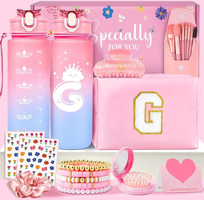 Initial Makeup Bag - Birthday Gifts for Girls 4 5 6 7 8 9 10 11 12 Year Old Teen Girls, Personalized Teen Girl Gifts - Preppy Cosmetic Bags Cute claw clips for Kids Women (Pink G)