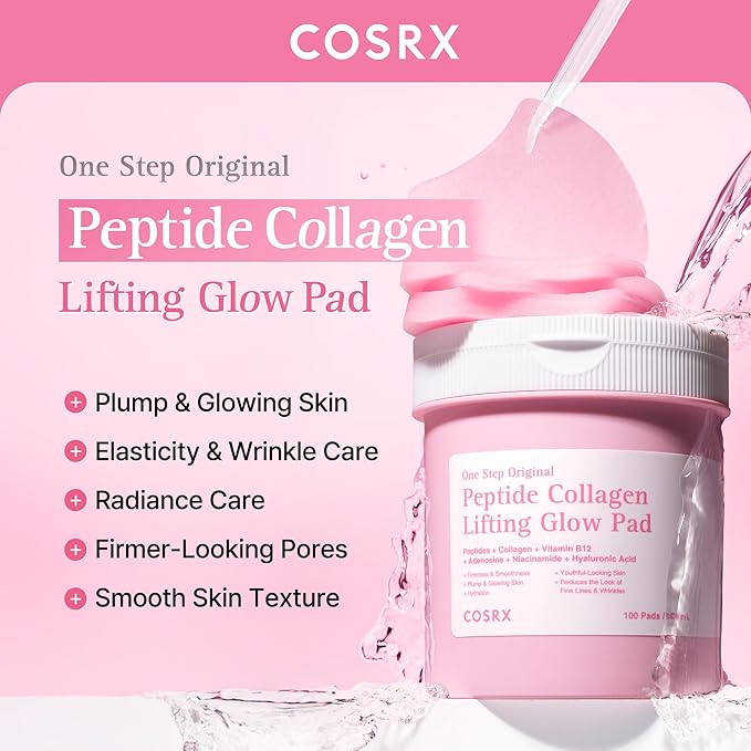 COSRX OneStep Original Peptide Collagen Lifting Glow Pad, 100 Pads, Improving Elasticity, Plumping Toner Pads for Makeup Prep with Peptide, Collagen, Niacinamide & Anti-Aging Care, Korean Skin Care