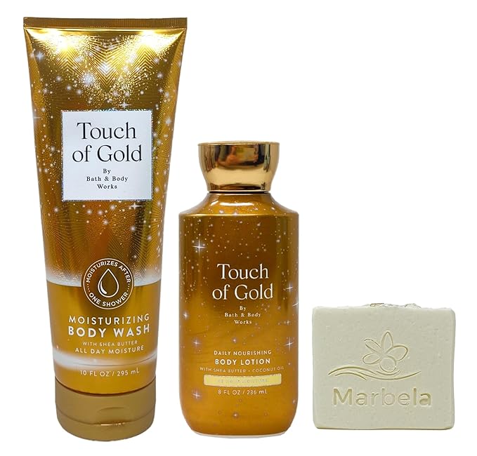 Bath & Body Works Touch of Gold Moisturizing Body Wash and Body Lotion Duo Set with a Natural Oats Bar Soap - Full Size