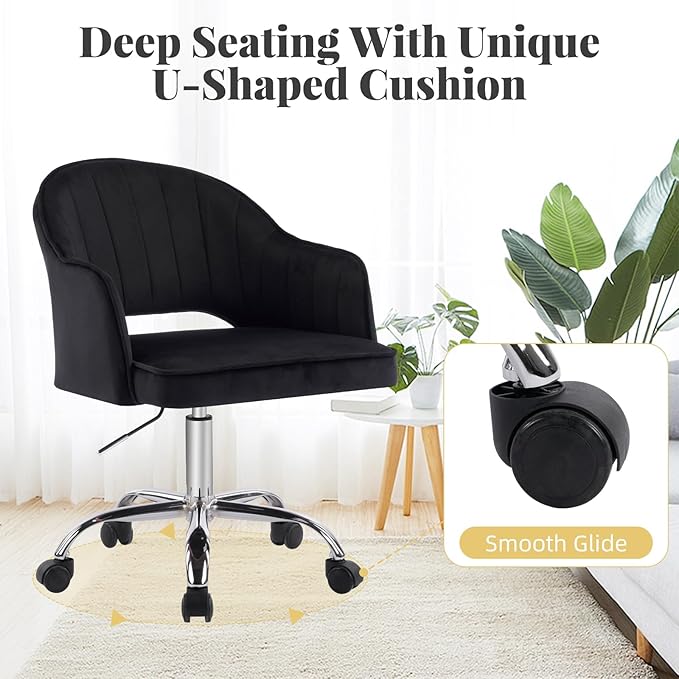 MOJAY Modern Vanity Chair with Wheels, Mid-Back Cutout Velvet Home Office Chair, Swivel Height-Adjustable Soft Seat Cute Desk Chair with Arm Support (Midnight Black)