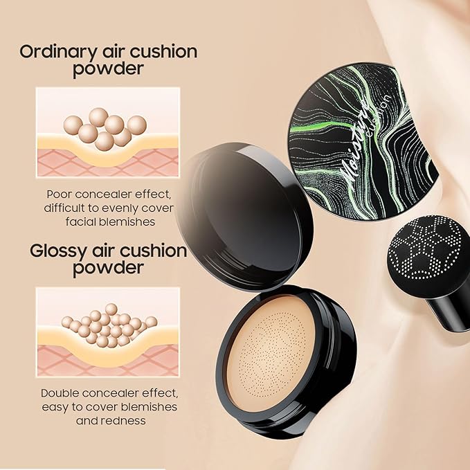 Mushroom Head Air Cushion CC Cream for Older Women, Medium Coverage Lightweight Up To 24H Wear Intense Moisture, Self Adjusting for Mature Skin, Vegan Formula (Natural)