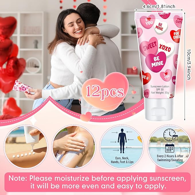 12 Pcs Mini Sunscreen Bulk for Summer Travel Size Spf 30 Water Resistant Sunscreen Lotion Bulk for Thank You Gifts Hawaiian Wedding Bridal Party Favors for Pool Wedding(Valentine)