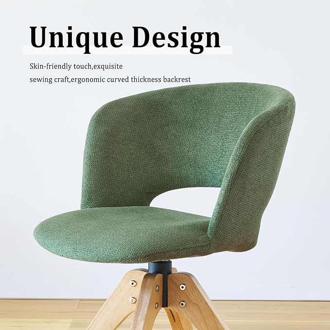 Mid Century Modern Swivel Accent Chair with Solid Wood Legs, Home Office Desk Chair No Wheels, Makeup Chair for Vanity, Upholstered Chair for Bedroom, Green