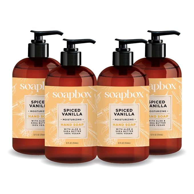 Soapbox Liquid Hand Soap, Spiced Vanilla - Gentle, Moisturizing Hand Cleanser, Vegan, Cruelty Free Hand Soap for Bathroom and Kitchen, 12oz Pump Bottles (Pack of 4)