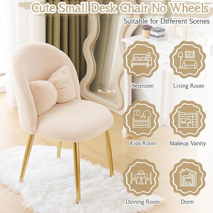 VINGLI Boucle Girls Vanity Chair with Back & Pillow,Cute Small Cozy Desk Chair No Wheels,Comfy Makeup Ch with Ajustable Gold Legs,for Bedroom,Living Room,Small Space,Khaki