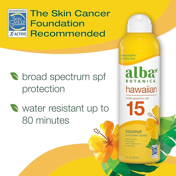 Alba-Botanica's Sunscreen Spray for Face and Body, Broad Spectrum SPF 15 Sunscreen, Hawaiian Coconut, Water Resistant and Biodegradable, 5 fl. oz. Bottle (Pack of 2)