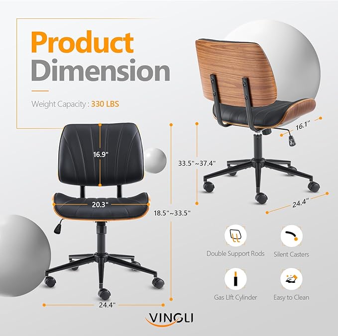 VINGLI Wide Curved Seat&Back Armless Home Office Chair,Ergoromic Adjustable-Height Desk Chair,Swivel&Tilting Function,Stylish Walnut Task Chair for Meeing Room,Dining Room,PU, Black
