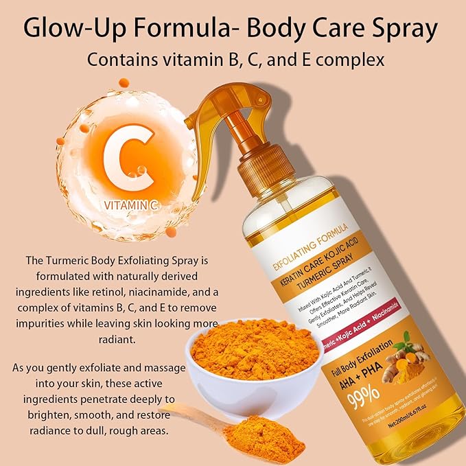 Body Keratin Care Kojic Acid Turmeric Spray 200ml, Turmeric Exfoliating Spray with Retinol, Glutathione, Niacinamide, Vitamin B, C, E, Exfoliates and Brighten Skin for All Skin Types (1)
