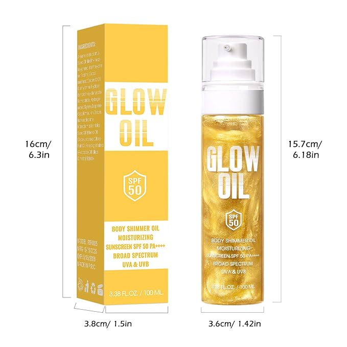 Body Glow Oil, Broad Spectrum SPF 50, Glitter Shimmer Sunscreen Body Oil Lotion with Sequin Mica, Lightweight Non-Sticky Moisturizer with Coconut, Skin Illuminator Glowing Results (03# Gold)
