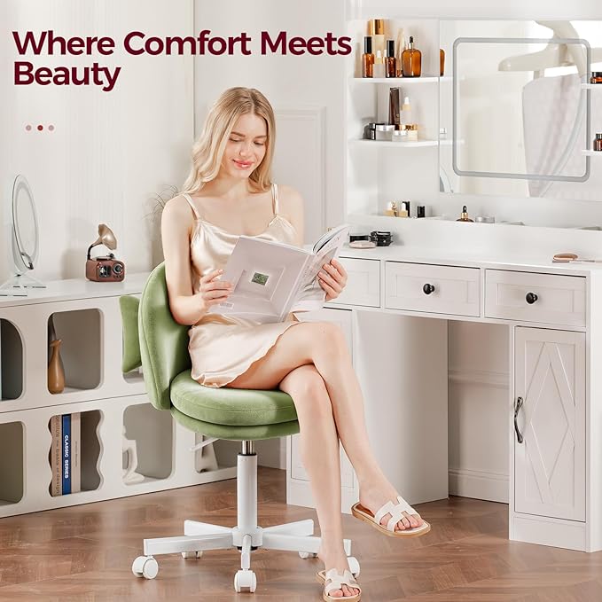 GTPLAYER Velvet Tall Office Chair with Wheels Vanity Chairs with Back, Versatile Height Use: Office to Bar Stools Small Ergonomic Comfy Armlees Computer Desk Chair with Bow Lumbar Pillow for Gift