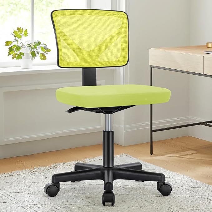 NEWBULIG Home Office Desk Chair, Armless Ergonomic Swivel Computer Chair with Wheels, Adjustable Height and Low-Back Mesh Design, Rolling Chair with Lumbar Support and Comfortable Seat, Green